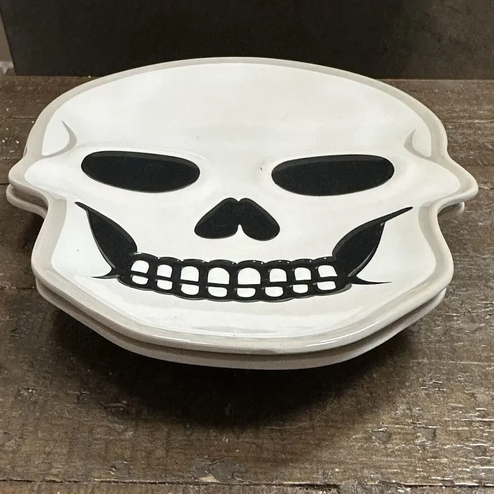 Set of 2 Skull Plates 9” Halloween Skeleton Tray – Melamine Party Decor Cute
